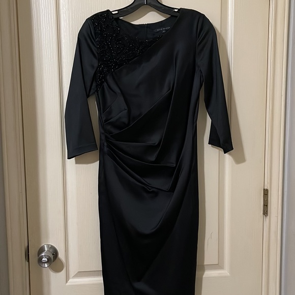 Black David Meister dress with ruched waist and black beads detail size 6.